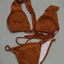 Women Cheeky Bikini Set Halter Thong Solid Color Adjustable Cinched String Two Piece Brazilian Swimsuit Triangle Bathing, M