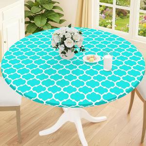 Smiry Round Picnic Tablecloth, Waterproof Elastic Fitted Table Covers for 18" - 24" Tables, Wipeable Flannel Backed Vinyl Tablecloths for Camping, Indoor, Outdoor, Teal & White
