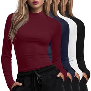 4 Pack Women's Long Sleeve Underscrub Shirt Mock Neck Slim Fit Tops Lightweight Thermal Base Layer Scrubs Undershirts (Medium, Black, White, Navy Blue, Wine Red)