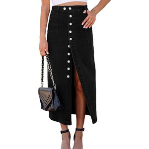 Women's Casual Slit Long Denim Skirt High Waist Button Up Slim Fit Midi Jean Skirts, Size S, Black