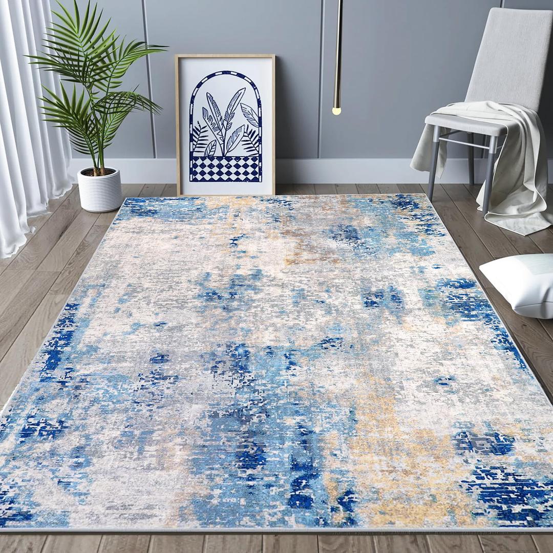 Area Rug for Living Room, Bedroom, Kitchen, Machine Washable Non-Slip Throw Rug, Modern Abstract Carpet for Entryway Nursery Coffee Table, Blue Ivory Yellow
 2 Feet x 6 Feet