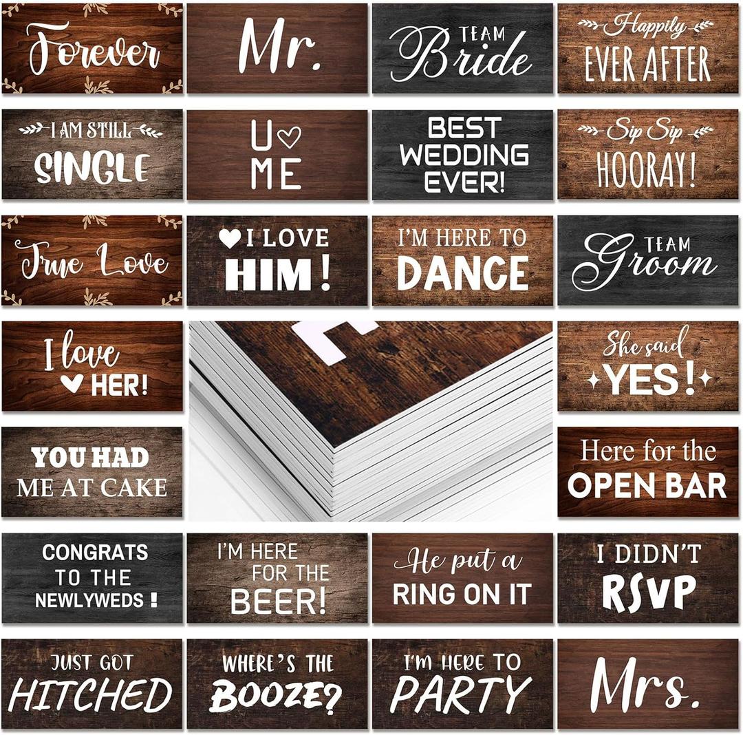 24 Designs Rustic Wedding Photo Booth Props Double Sided 11x5.5 Inch Photo Booth Props Vintage Country Marriage Parties Decoration DIY Water Proof Selfie Signs PVC Printing for Bridal Party Supplies (Wood)