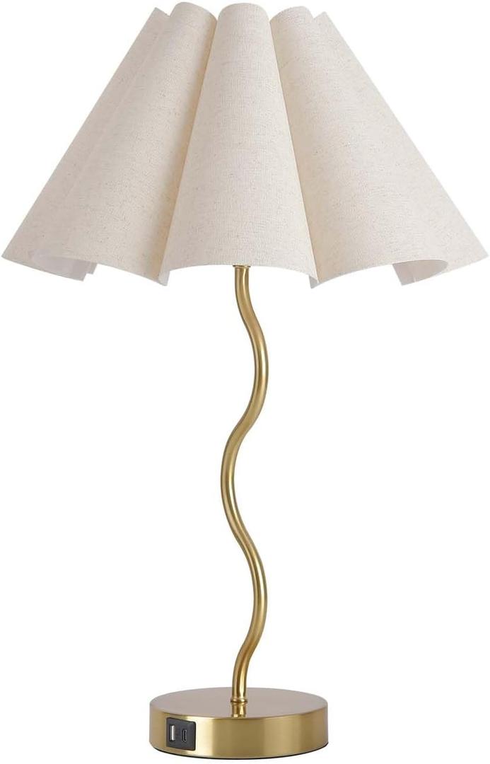 Touch Control Table Lamp with USB Ports, 22 Tall Gold Bedside Lamp with 3-Way Dimmable E26 Bulb, Fabric Shade & Curved Metal Stem, Modern Nightstand Lamp for Bedroom, Living Room, Office
