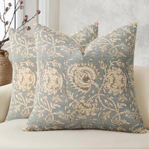 DKwizme Vintage Floral Print Throw Pillow Covers 18x18 Set of 2 Neutral Modern Farmhouse Pillowcases Accent Decorative Cushion Covers Boho Home Decor for Couch Sofa Chair Bed Living Room, Sky Blue