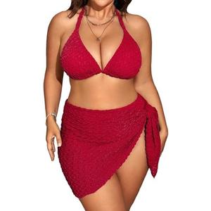 MakeMeChic Women's Plus Size 3 Piece Bikini Sets Tie Backless Halter Triangle Swimsuit Bathing Suit Cover Up Beach Skirts 2XL MakeMeChic Women's Plus Size 3 Piece Bikini Sets Tie Backless Halter Triangle Swimsuit Bathing Suit Cover Up Beach Skirts 2XL
