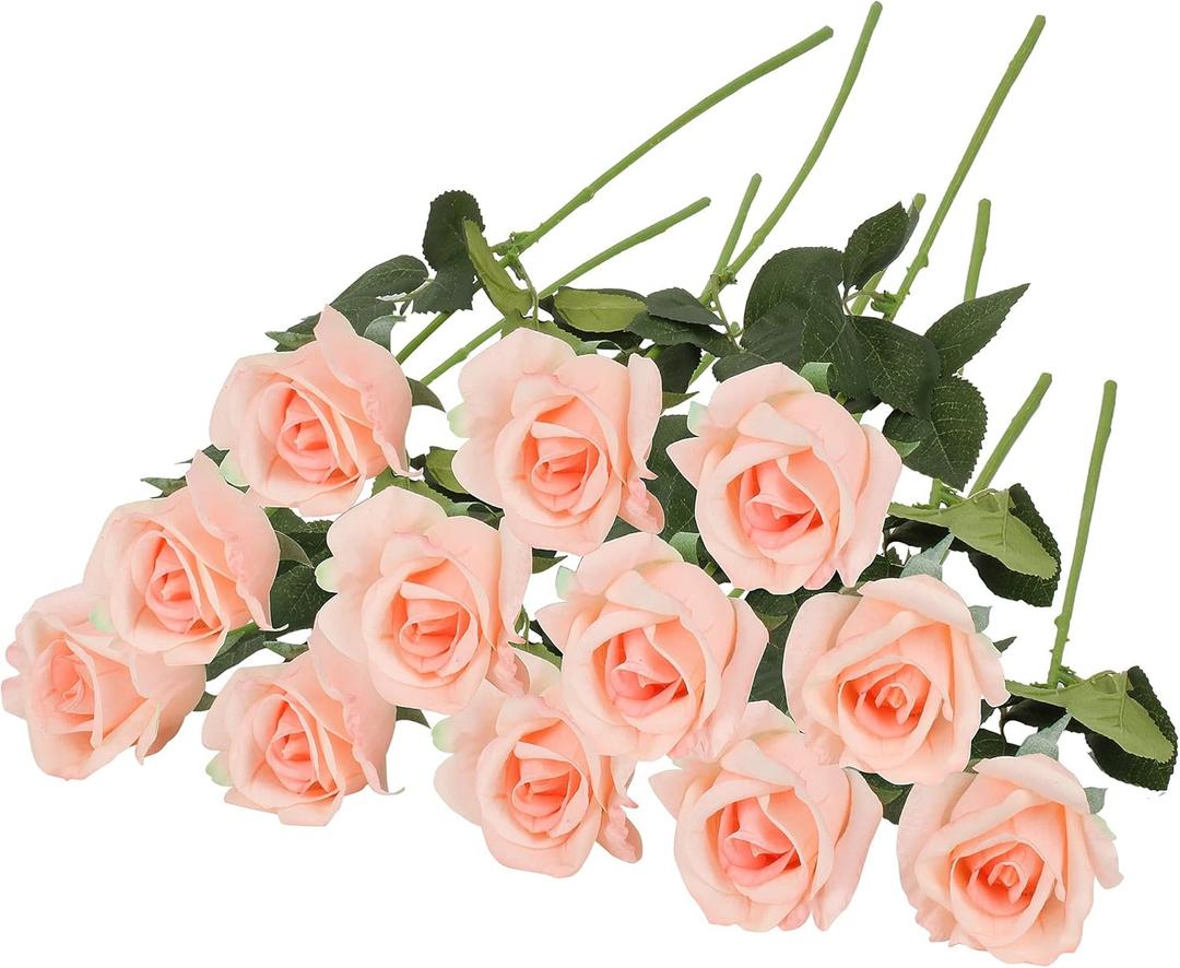 Roses Real-Touch Artificial Flowers Latex Full Blossom Faux Heads Dozen 22 Tall Stems Fake Bouquet Luxury Home Dcor Indoor Living Room Bedroom Love Gift, 12 PCS Bundle (Blush Peach)