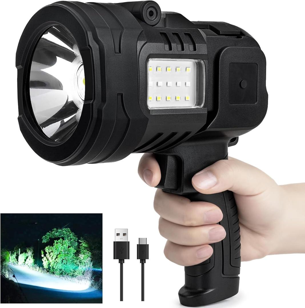 Rechargeable Spotlight Flashlight, 1,000,000 Lumens Super Bright Spotlight Outdoor with Cob Light & USB Output, Lightweight Handheld Led Spot Light for Hunting Boating Camping