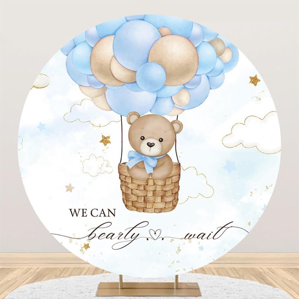 Bearly Wait Round Backdrop Cover Blue Bear Hot Air Balloons Girls Baby Shower Banner Circle Backdrop Studio Props 7.2ft