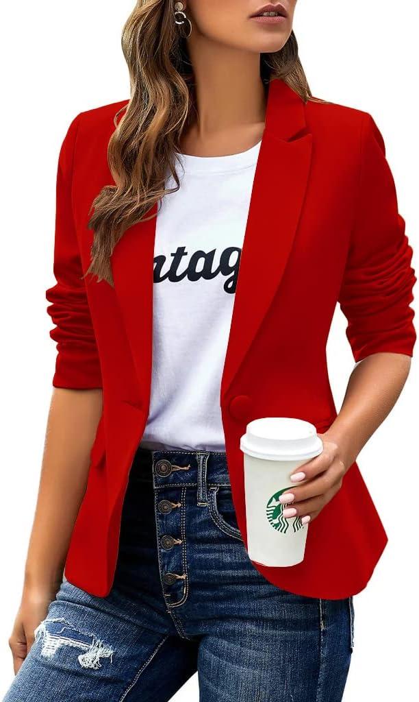 Womens Casual Blazers Long Sleeve Lapel Button Slim Work Office Blazer Jacket (Medium, Red)