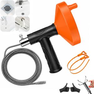 33 Feet Drain Snake Auger, Plumbing Snake Drain Hair Clog Removal Tool, Sink Unclogger Drain, Heavy Duty Drum Auger, Cleaner Tool for Bathroom Kitchen Tub Shower Drain Clog Remover with Gloves Orange