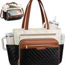 LOVEVOOK Teacher Tote Bag with Accordion File Pocket, Soft PU Leather Work Briefcase Quilted Laptop Bag with Large Cup Holder