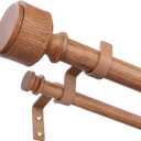 Wood Double Curtain Rod 36 to 124 Inch, Boho Decorative 1" Long Dual Curtain Rods for Windows, Adjustable Heavy Duty Farmhouse Double Drapery Pole with Modern Faux Wood Grain Finials
