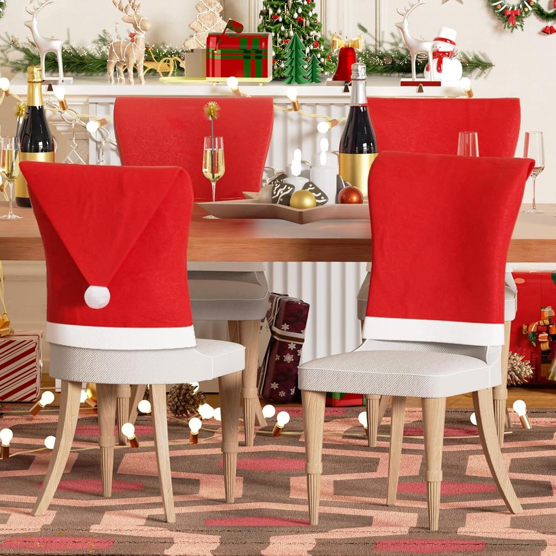 Christmas Chair Covers Set of 4, Chair Seat Covers for Dining Chairs, Cover for Chairs Dining Room Decor Christmas Decorations for Kitchen Christmas Hat Design, Non-Woven 4-Pack