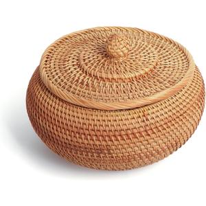 Handwoven Rattan Storage Basket with Lid | Rustic Home Decor | Multi-Purpose Organizer for Kitchen | Sustainable Gift Idea (High:9.06D*6.30H)