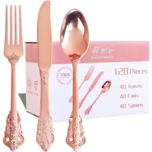 WDF 120Pieces Rose Gold Plastic Silverware - Heavy Duty Rose Gold Plastic Cutlery Set - Disposable Utensils - Flatware Includes 40 Forks, 40 Spoons, 40 Knives for Wedding Party Birthday