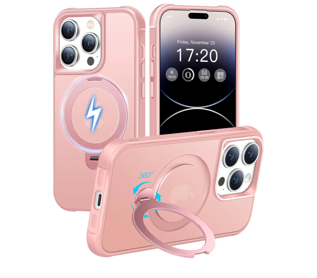 HuwaiH 360° Rotatable Magnetic Ring Stand for iPhone 14 pro Case, Compatible with MagSafe, Military-Grade Shockproof, Anti-Scratch Matte Translucent Phone Case for iPhone 14 pro(Pink)