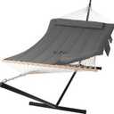 SUNCREAT Double Outdoor Hammock with Stand, Two Person Cotton Rope Hammock with Polyester Pad, Dark Gray