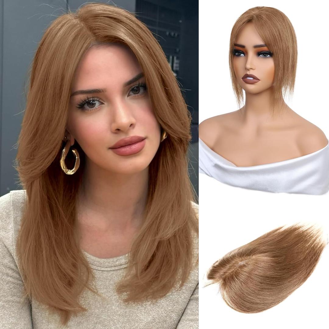 Hair Toppers for Women Real Human Hair,10 inch 30g Light Brown Human Hair Topper for Women 150% Density Silk Base Middle Part Clip in Hair Pieces Straight Hair for Daily Use