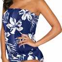 Two Piece Bandeau Tankini Swimsuits for Women Loose Blouson Swim Top with Bikini Bottom Tummy Control Bathing Suits (Blue, L)