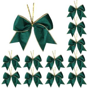 Meseey 12 Pcs 6 Inch Christmas Bow Green Velvet with Golden Edge Waterproof Wreath Bows for Xmas Garland DIY Craft Gift Wrapping Party Holiday Basket Ornaments (Green Velvet)