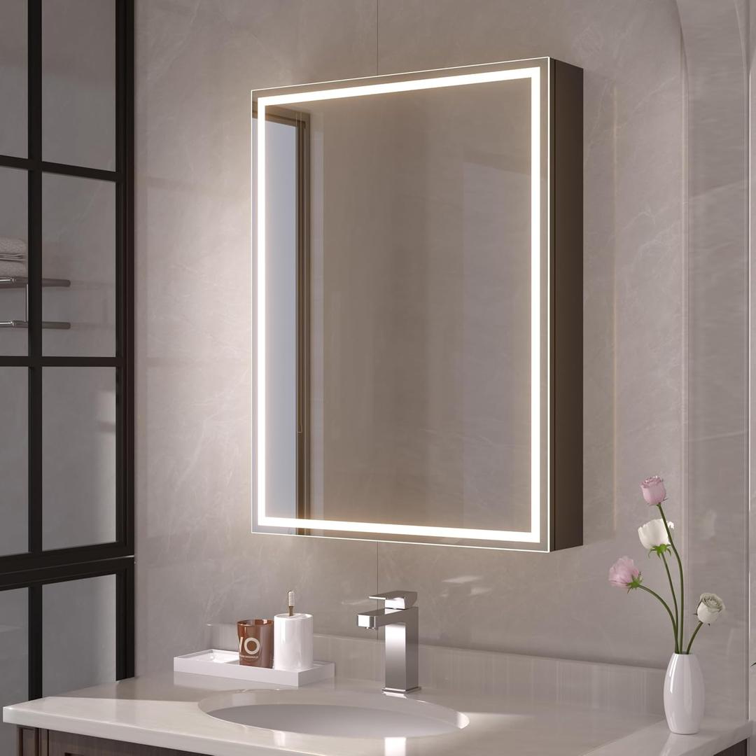28x20 inch LED Lighted Medicine Cabinet with Mirror, Moisture-Resistant Wood, Stepless Dimmable, 3000K/5500K, Defogger, Adjustable Shelf, Flat-Pack Design – Assembly Required, Black