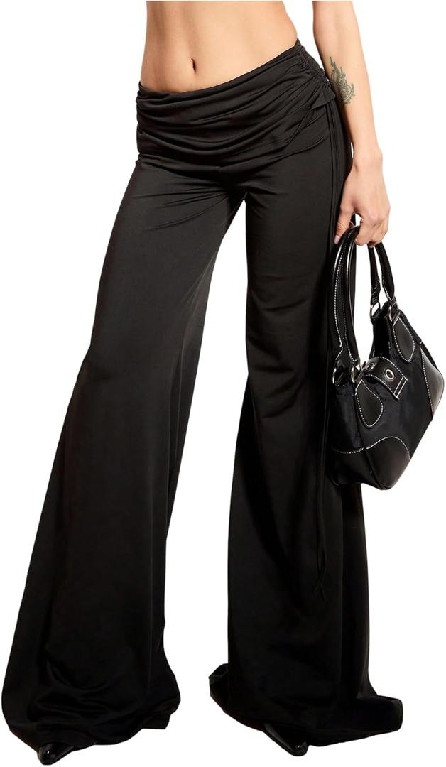 MakeMeChic Women's Y2k Wide Leg Ruched Foldover Drawstring Pants Low Waist Palazzo Trousers (Black, S)