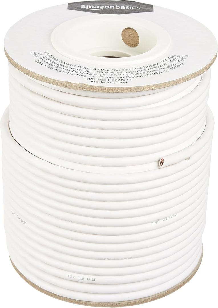 Amazon Basics 14-Gauge Audio Speaker Wire Cable - 99.9% Oxygen-Free Copper, 200-foot, White