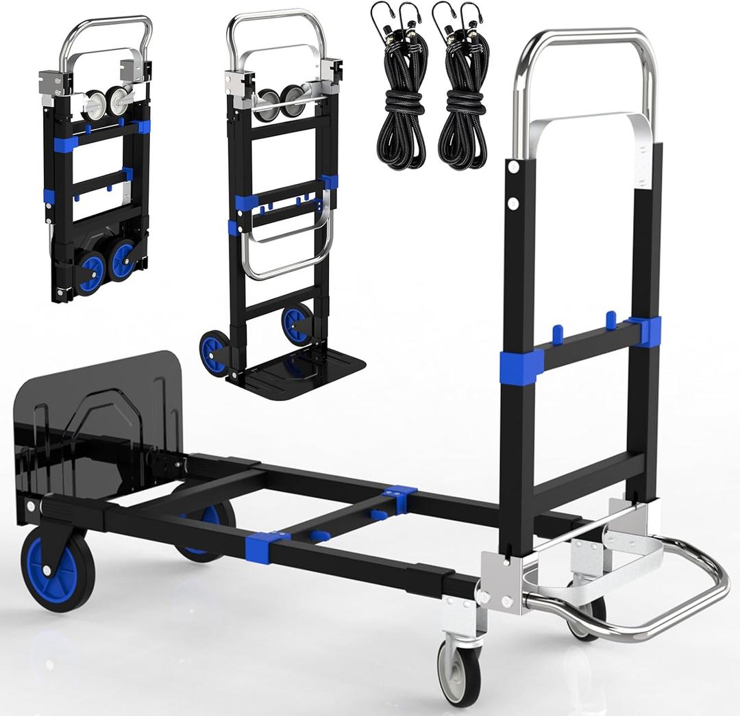 Black Convertible Hand Truck Dolly Cart with 4 Wheels Heavy Duty,500 Lbs Capacity, 2 Straps for Moving Furniture/Appliance/Carton/Warehouse/Office/no Need to Install, Follow Video to Fold