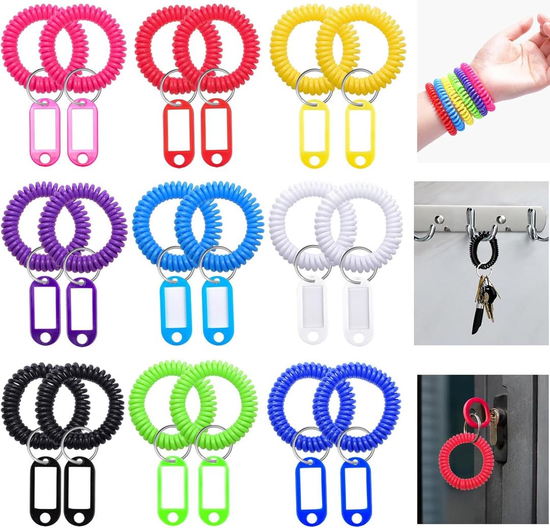 18 Pcs Assorted Color Wrist Spring Spiral Coil Keychains with 18 Pcs Key Tags, Stretchable Plastic Wrist Coil Keychain for ID Badge Gym Pool Sauna Outdoor Activities