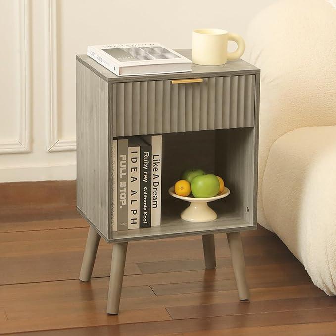 Fultyle Mid Century Modern Nightstand, Wood Bedside Table with Drawer and Opening Storage, End Table Living Room Fluted Night Stand with Solid Wood Legs for Bedroom (Grey)