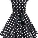 Kids 1950s Dresses for Girls Vintage 50s Style Polka Dot Dress Retro 50's Audrey Hepburn Rockabilly Party Swing Dress + Belt (Black, L)