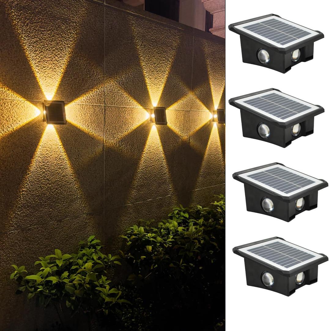 Solar Outdoor Lights, Up and Down Lighting, Waterproof IP65, Fence Light for Yard, Garden, Garage, Pools, Deck (4LED-Warm Light, 4PACK)