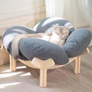 CHEERHOME PETS Elevated Cat Bed Wooden with Cushion Fluffy Pet Couch Sofa for Indoor Cats Raised Kitty Lounge Chair Suitable for Puppy, Cat Furniture (Gray)