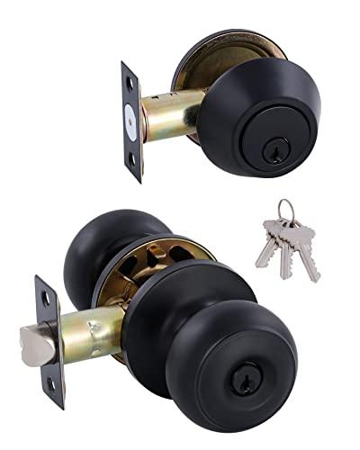 GITRANG All Keyed Identical Deadbolt Door knob Single Cylinder Deadbolt Lock Combo Set, Classic Matte Black Exterior Door Knobs with Deadbolt Entrance and Front Door Lock
