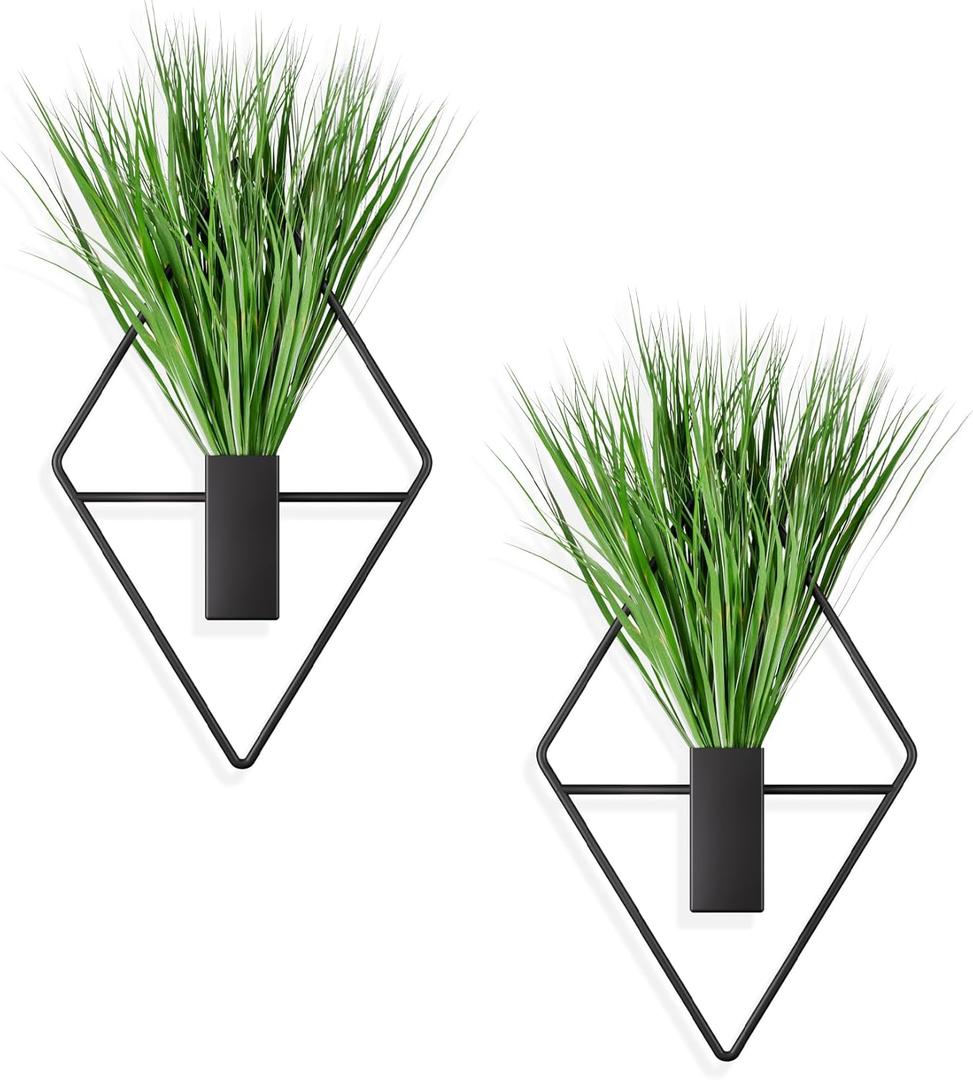 Cute Set of 2 Small Wall Hanging Planters, 10x5 Inch Mini Geometric Wall Vase with Artificial Plants, Compact Boho Farmhouse Decor for Bathroom, Living Room, Bedroom, Office (Black)