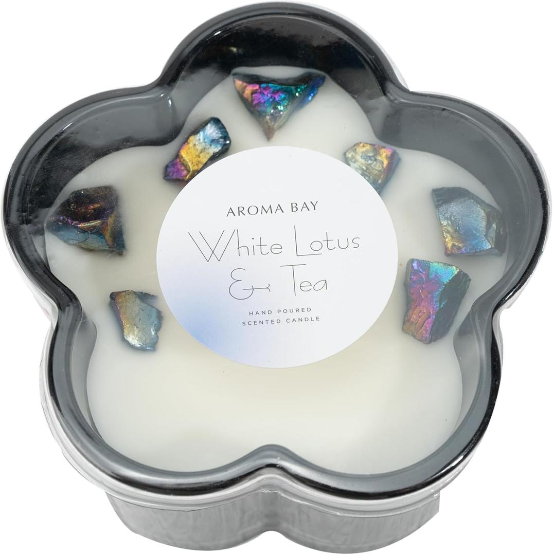 12.5oz White Tea & Lotus Flower-Shaped Scented Candle with Shimmering Crystals, Elegant Candles Birtheday Gifts, Valentines Day for Her, Bestie Gifts, 45 Hour Burn Time