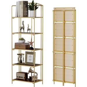 5-Tier Foldable Bookshelf, Gold Frame & Walnut Shelves