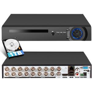 Fuers 16 Channel Digital Video Recorder 16CH Security Recorder DVR Supports up to 5MP Hybrid 6-in-1 AHD/TVI/CVI/CVBS/IP/XVI Camera with Human Detection, 24/7 Non-Stop Recording (with 1TB Hard Drive)