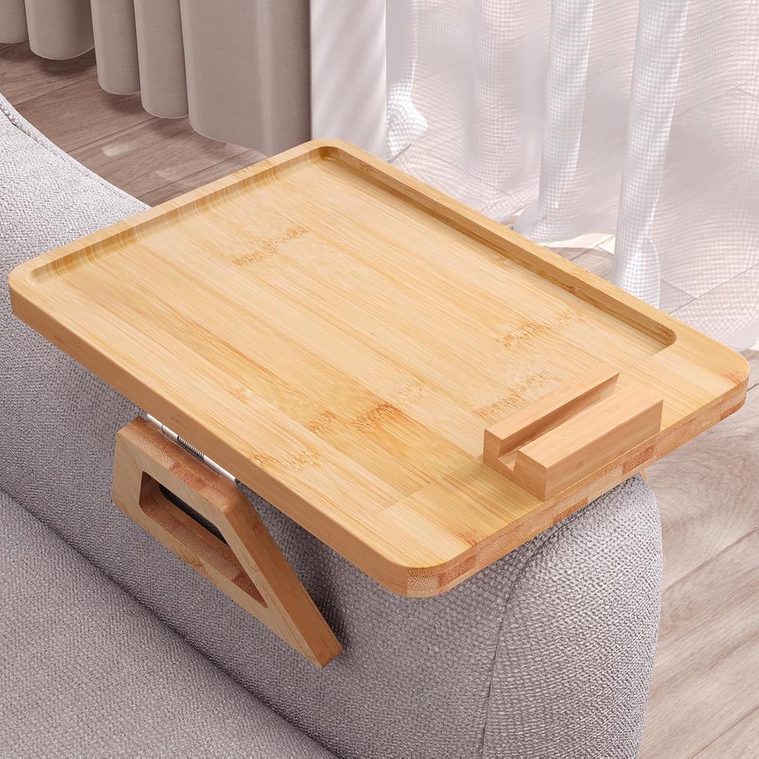 Couch Arm Tray with 360Phone, Bamboo Folding Sofa Tray, Sofa Armrest Trays Clip-On Couch Desk for Drinks, Snacks,Phone, Remote Control Natural