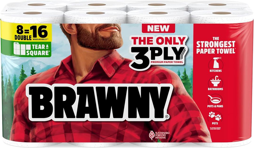 Brawny Tear-A-Square 3-Ply Paper Towels, 8 Double Rolls = 16 Regular Rolls, Strong, Absorbent, and Durable with 3 Sheet Sizes (Quarter, Half, Full)