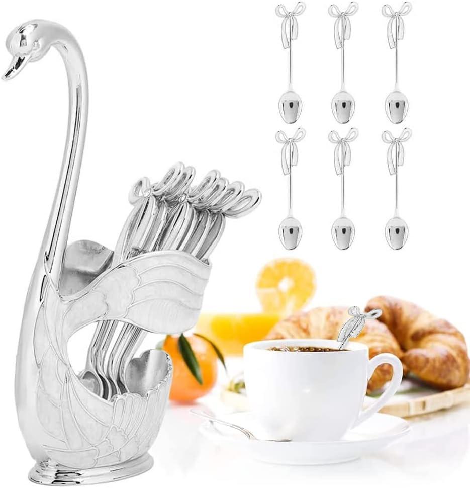 Watris Veiyi 6PCS Swan Base Stainless Steel Small Spoons Set for Coffee Cake Dessert Ice Cream Tea (Silver)