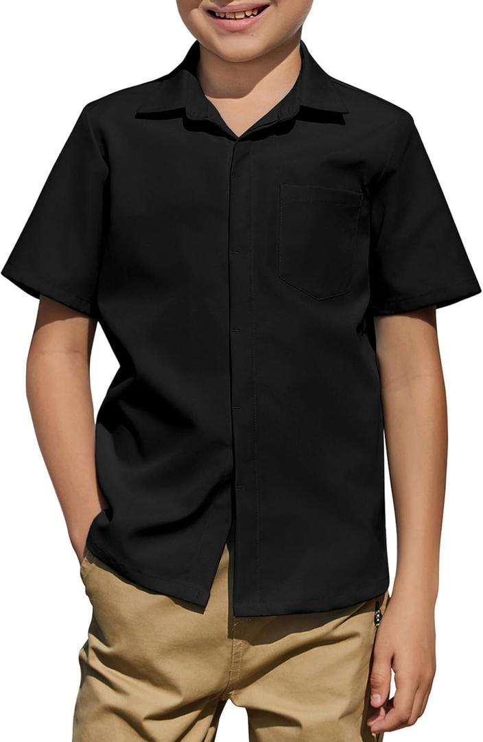 Arshiner Boys Short Sleeve Dress Shirts Solid Button Down Shirts Summer Formal Uniform Shirt with Pocket (Black) Size 100 (4-5T)