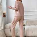 WDIRARA Women's 2 Piece Pajama Waffle Knit Lounge Set Long Pants Sleepwear (Pink, S)