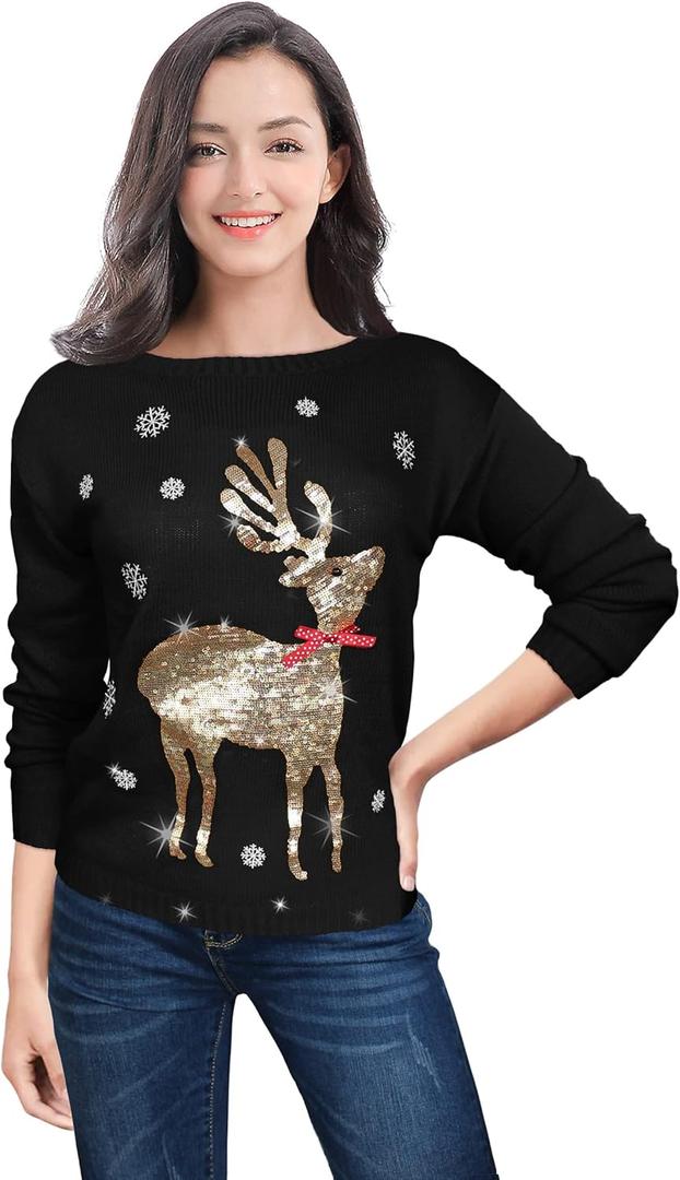 V28 Ugly Christmas Sweater for Women Reindeer Funny Merry Xmas Knit Sweaters (Small, Black (Light-gold Deer))