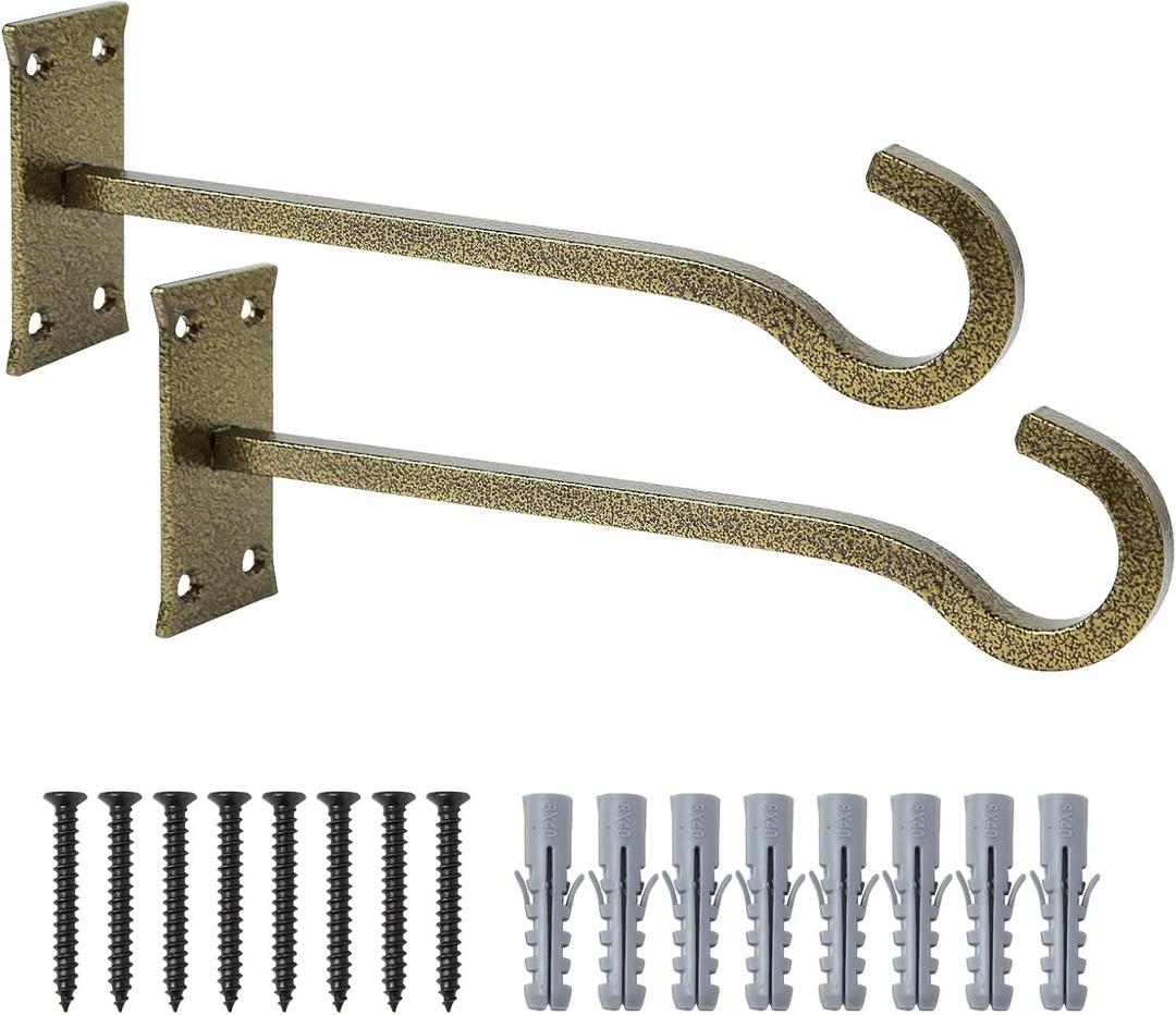 QIEGL 10 inch Heavy Duty Hanging Plant Bracket Decorative Wall Hook 2 Pack (Gold Hammertone)