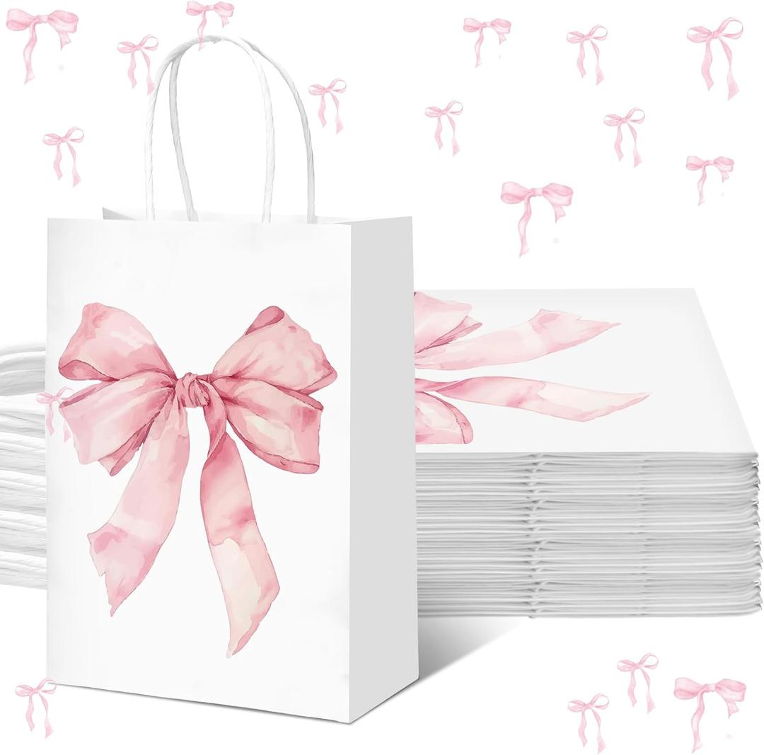 Kolldenn 16 Pcs Coquette Pink Bow Paper Gift Bags Women Mother's Day Birthday Favor Goodie Candy Bags with Handles for Bridal Engagement Baby Shower Party Supplies (White)