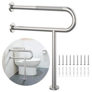 Toilet Support Rail 23.4X 28 Inch, Munzong Anti-Slip Satin Brushed Nickel Handicap Grab Bar for Bathroom, Stainless Steel Knurled Safety handrails with Leg for Elderly Disabled Pregnant-1.25Tube