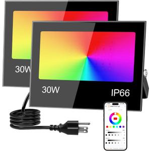 Remon LED Flood Light Outdoor 30W, 300W Equivalent 3000LM Color Changing Stage Spotlight with APP Control, 43 Modes, Timing, Warm White 2700K, Smart RGB Landscape Uplight, IP66 Waterproof (2 Pack)