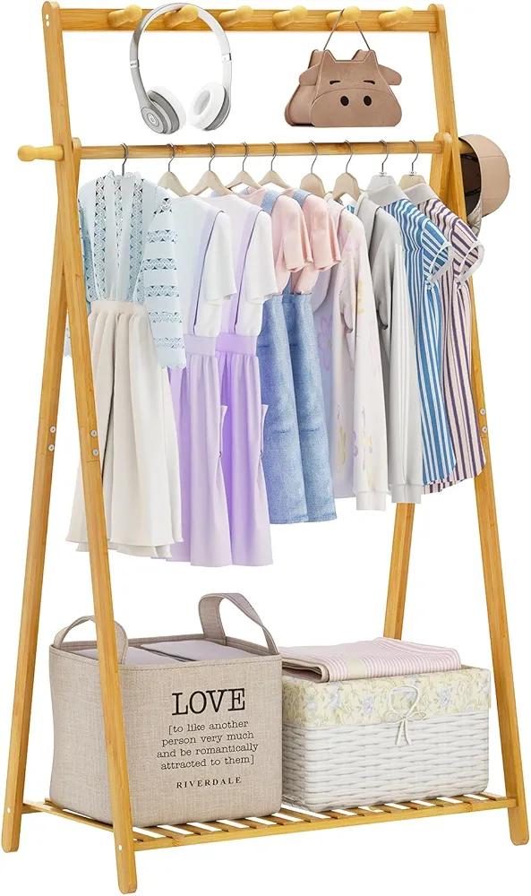 Small Kids Clothing Rack with 8 Coat Hooks – Bamboo Wooden Clothes Rack with Shelves | Mini Short Child Toddler Dress Up Costume Garment Rack for Nursey,Baby Showers,Playroom,Bedroom,Standing