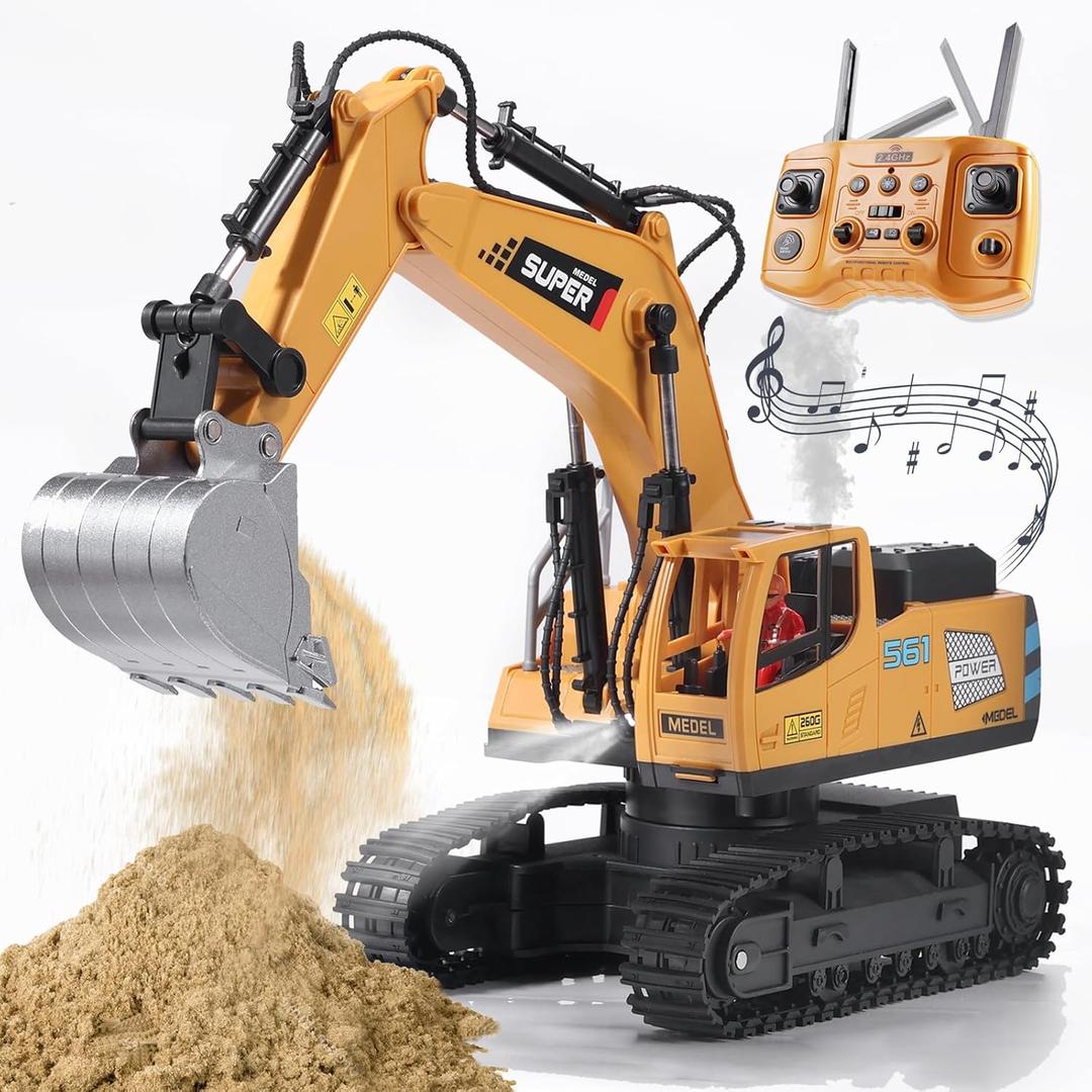 Remote Control Excavator Toys for Boys,16 Channel RC Excavator Construction Toys with Metal Shovel & Light,Simulated Smoke,Christmas Birthday Gift Toy for Boys 3-5 4-7 8-12 Year Old Kids (Yellow)